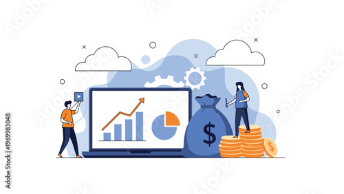 Business people managing financial investments with growth charts on laptop screen and large money bag with gold coins.