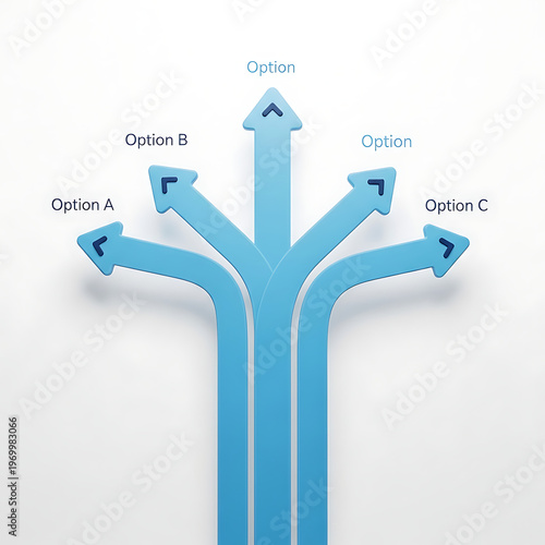 Five directional blue arrows branching out with option text labels for strategy planning.