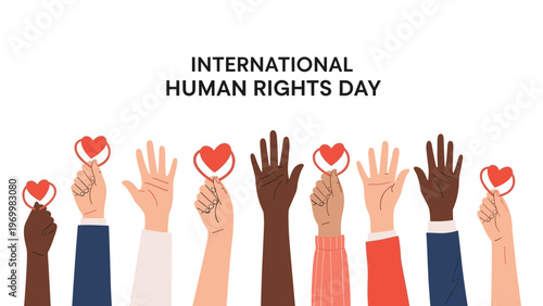 Multiracial hands holding red hearts up high celebrating International Human Rights Day to promote global love and equality.