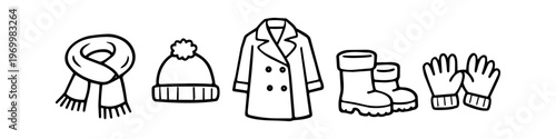 Set of winter clothing icons including a scarf, hat, coat, boots, and gloves. Hand-drawn line art illustrations in a simple, minimalist doodle style on a white background.