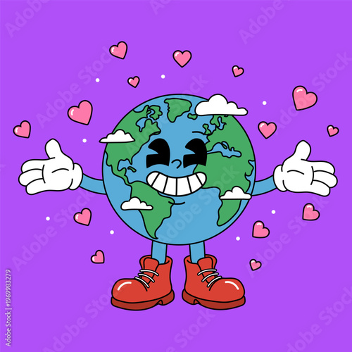 Cartoon Globe with Arms and Hearts World Love Concept