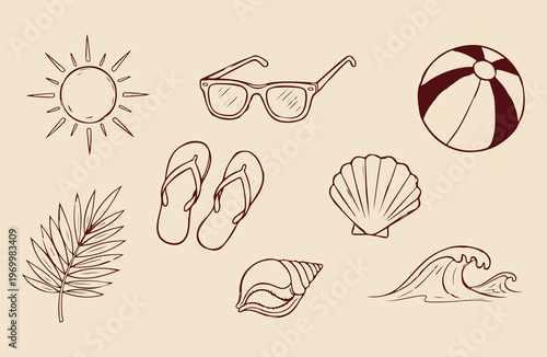 “Hand Drawn Summer Beach Icons Set – Sunglasses, Flip Flops, Shells & Waves”