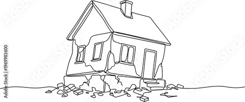 Continuous single line drawing of damaged house with earthquake cracks disaster destruction concept minimalist design