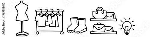 Minimalist hand-drawn doodle icons representing fashion retail and apparel design, featuring a mannequin, clothes rack, boots, handbags, and a creative lightbulb icon on a white background.