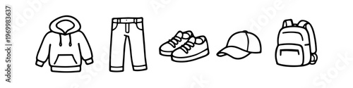 Hand-drawn line art set of casual clothing icons including a hoodie, pants, sneakers, cap, and backpack. Minimalist black and white streetwear doodle illustration for fashion and lifestyle.