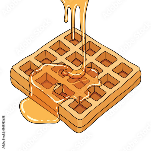 A cartoon waffle being doused with golden syrup from above