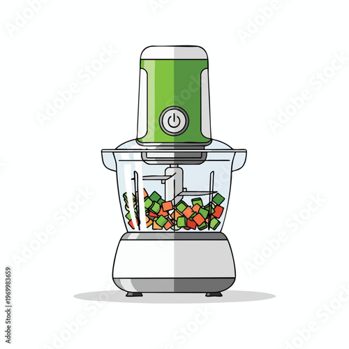 Compact electric food chopper with green lid and clear bowl filled with diced vegetables
