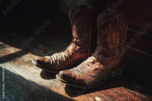 Worn leather cowboy boots on wooden floor with dramatic light and rustic western texture