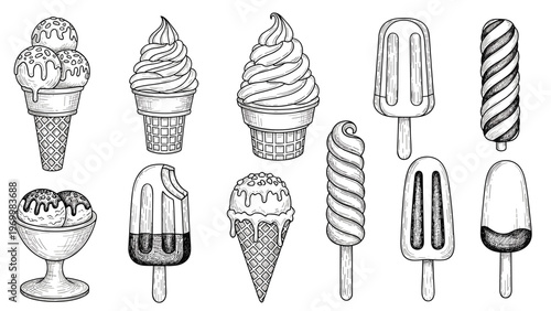 Intricate line art sketches of different ice cream varieties including cones popsicles and sundaes in a classic vintage drawing style.
