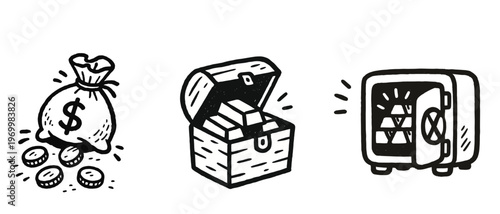 Money bag treasure chest and safe line drawing
