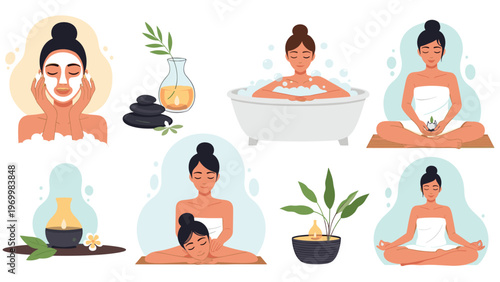 Relaxation and wellness scenes featuring women practicing yoga taking bubble baths and receiving facial treatments or massages in a spa.