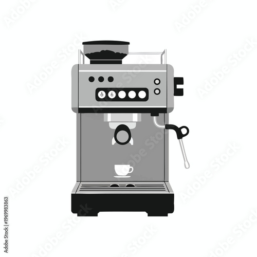 Grey espresso machine with built-in grinder, ports, and a cup beneath the spout