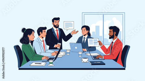 Collaborative business meeting with a diverse group of professionals discussing strategies and reviewing documents in a modern office setting.