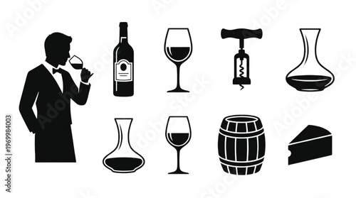 Collection of wine-related icons including a man enjoying wine, bottles, glasses, corkscrew, decanter, barrel, and cheese wedge