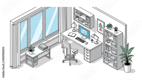 Stylish isometric home office design featuring a large window desk computer bookshelf and indoor plants in a clean minimalist environment.
