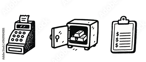 Hand Drawn Cash Register Safe and Clipboard Illustration