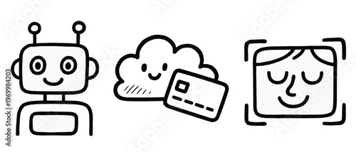 Smiling robot cloud payment and face recognition icons