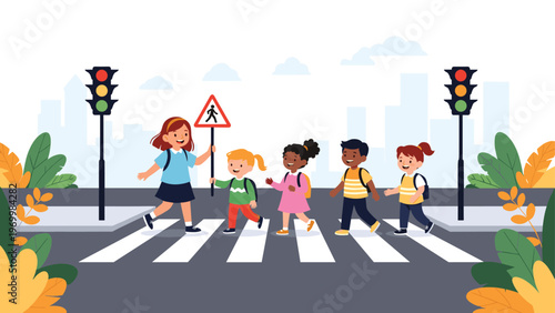 Group of diverse school children safely crossing a city street at a zebra crossing led by a responsible young crossing guard supervisor.