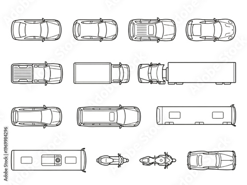 Top-down view of various vehicles including cars, trucks, buses, and motorcycles, presented in a clean, outlined style on a white background