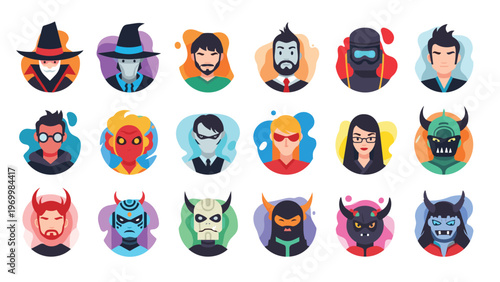 Diverse collection of character avatar icons featuring humans heroes villains monsters and fantasy creatures for gaming and social media profiles.