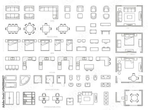 Comprehensive collection of architectural floor plan symbols for furniture and interior design layouts, illustrating various room arrangement concepts for modern living spaces