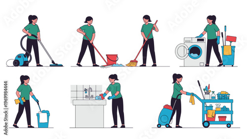 Professional cleaning service staff performing various household tasks including vacuuming mopping laundry and surface disinfection in a modern home.