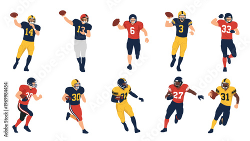 Dynamic set of American football player characters in various action poses including passing running and celebrating during a stadium game.