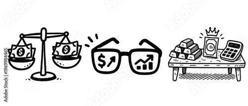 Money scale glasses and assets hand drawn illustration