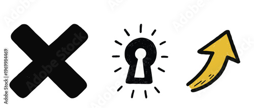 Hand drawn cross keyhole and arrow icons