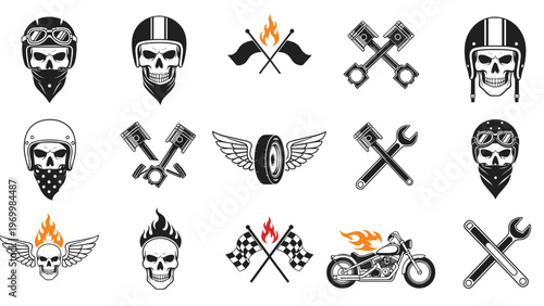 Vintage biker and motorcycle culture graphics featuring skulls with helmets crossed pistons wrenches and classic racing flags for t-shirt design.