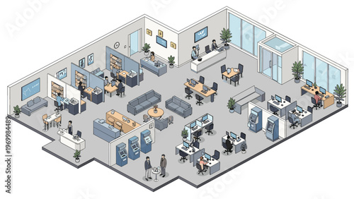 Comprehensive isometric view of a modern bank branch featuring customer service desks ATMs waiting areas and professional staff at work.