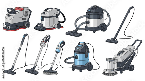 Selection of professional industrial vacuum cleaners and domestic floor cleaning machines for commercial maintenance and home hygiene services.