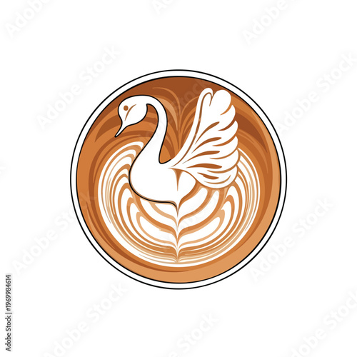 A white swan gracefully emerges from swirling brown coffee latte art