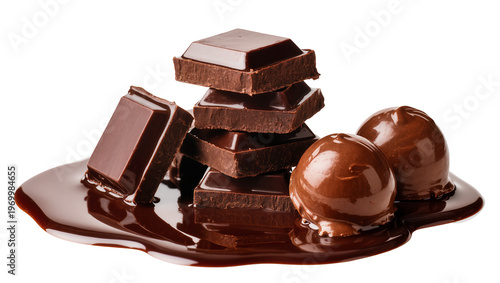 Tableau sur toile Dark chocolate squares, and a glossy chocolate ball resting in melted chocolate