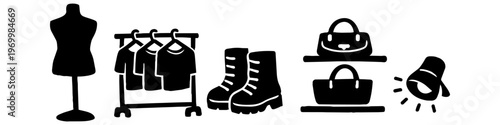 Set of black fashion and retail icons featuring a mannequin, clothing rack, boots, handbags on shelves, and a spotlight. Minimalist silhouette vector illustration for boutique and shop design.