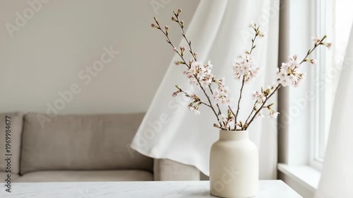 Cherry blossom branches in a ceramic vase on a white table. Floral arrangement blooming indoors during spring season. Minimalist home decor with natural light near a window for a relaxing lifestyle