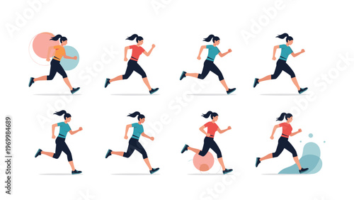 Athletic woman running sequence showing different phases of the running gait for fitness sports and health lifestyle illustrations.