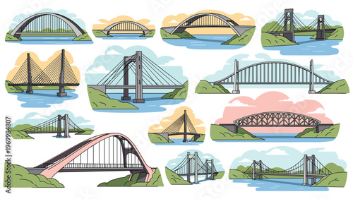 Various architectural bridge designs including suspension arch and cable stayed structures spanning rivers and green valley landscapes.