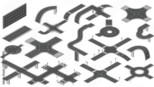 Modular isometric road system kit for urban planning and city design featuring intersections highways roundabouts and bridge sections.