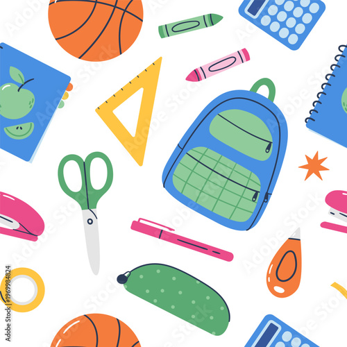 Colorful seamless pattern with backpack, scissors, ruler, pens, calculator and various school supplies. Hand drawn vector illustration for wrapping paper, textiles and educational designs.