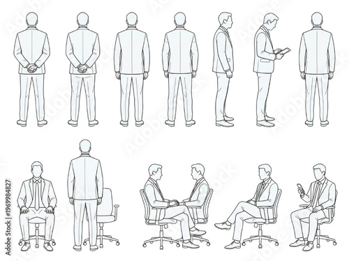 Diverse Vector Line Art Collection of a Male Business Professional in Standing, Sitting, and Interactive Poses, Ideal for Design and Architectural Visuals