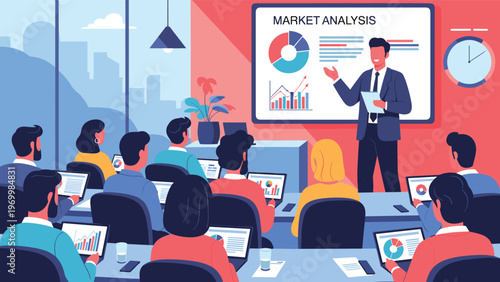 Professional businessman gives a market analysis presentation using charts and graphs while audience members take notes on their laptops.