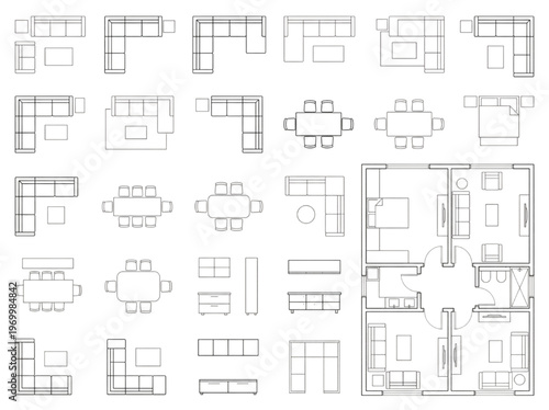 Extensive collection of top-view schematic furniture layouts and detailed architectural floor plan elements, ideal for interior space design projects and comprehensive home arrangement blueprints
