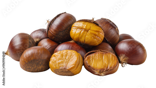 Tableau sur toile Pile of roasted chestnuts displaying spiky shells, revealing golden edible insid