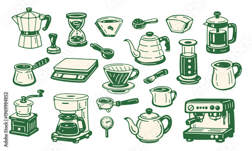 Coffee Tools Elements. Hand-drawn coffee tools collection for coffee making, including brewing equipment, barista tools and cafe essentials in minimal green outline style.