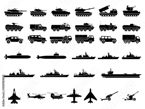Vector icons featuring military vehicles and armaments tanks, trucks, submarines, warships, fighter jets, helicopters, and artillery, for defense and security graphics