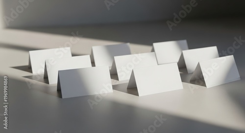Set of blank white folded paper place cards on a table with soft natural lighting and shadows
