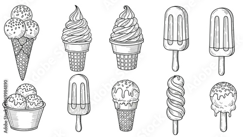 Detailed collection of hand drawn ice cream sketches featuring various cones, cups, popsicles, and soft serve treats in a vintage engraved style.
