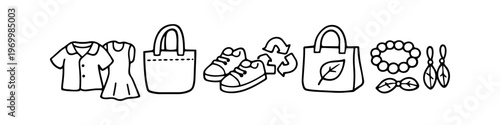 Hand-drawn line art icons representing sustainable and slow fashion, featuring clothes, eco-friendly bags, recycled shoes, and organic jewelry in a minimalist doodle style.