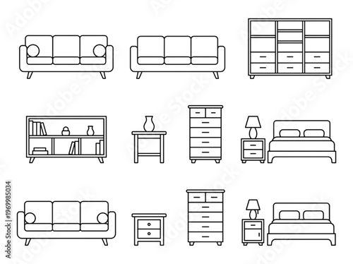 Vector graphics collection of furniture icons including sofas, beds, tables, and cabinets for interior design and home decor